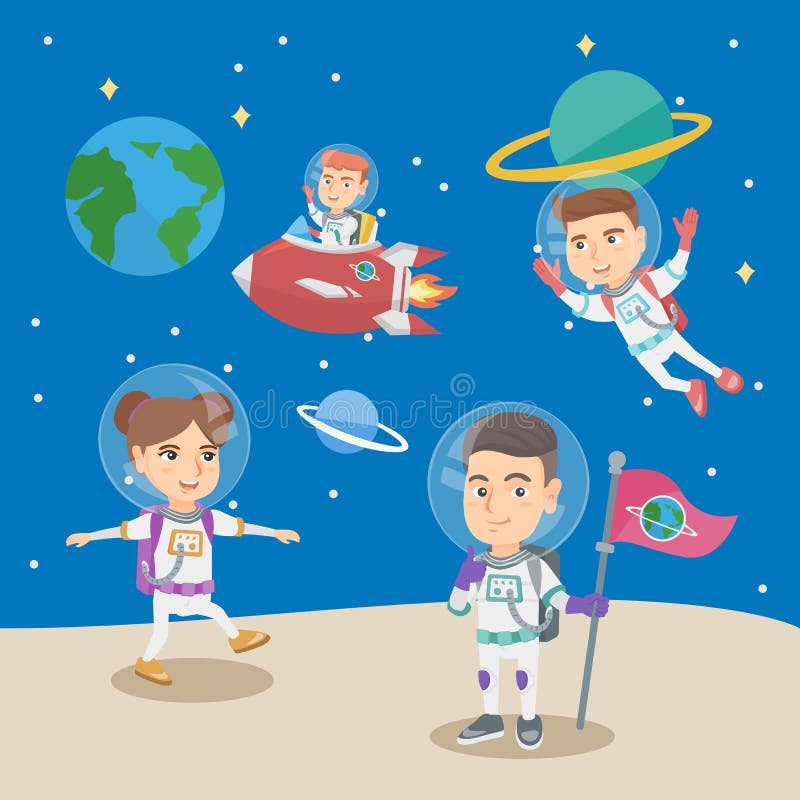 Group of little children playing in the astronauts royalty free illustration Group of little children playing in the astronauts royalty free illustration