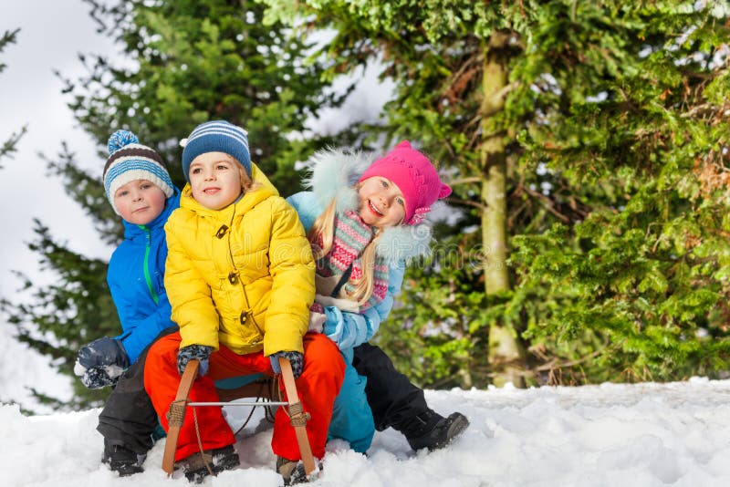 Group of little children slide on sledge in park