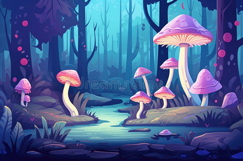 A Group of Luminescent Purple Mushrooms in a Night Forest Scene Stock ...