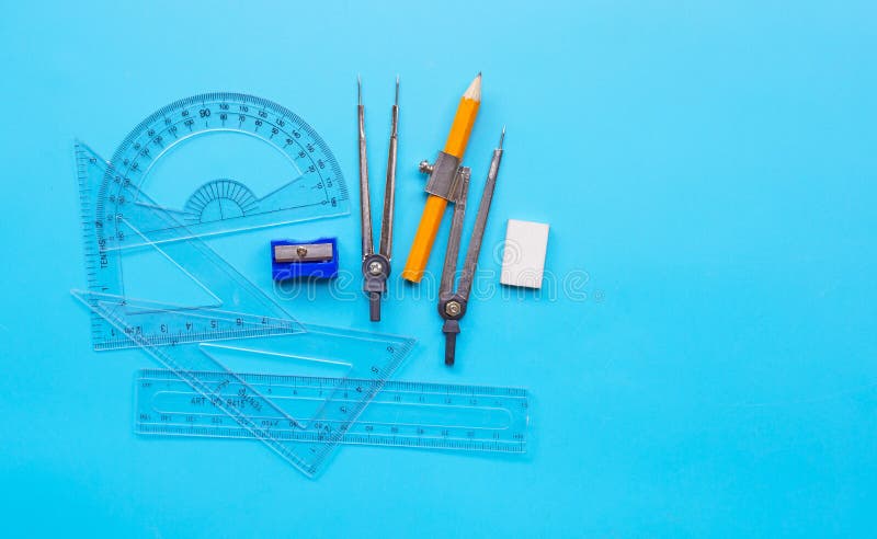 Group of Mathematics Geometry Tools on Blue Background Stock Image - Image  of accuracy, drafting: 181797975