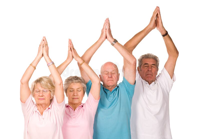 Group of older mature people doing yoga exercises, isolated on white background. Group of older mature people doing yoga exercises, isolated on white background