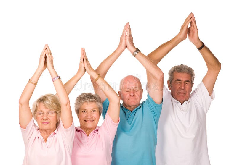 Group of older mature people doing yoga exercises, isolated on white background. Group of older mature people doing yoga exercises, isolated on white background