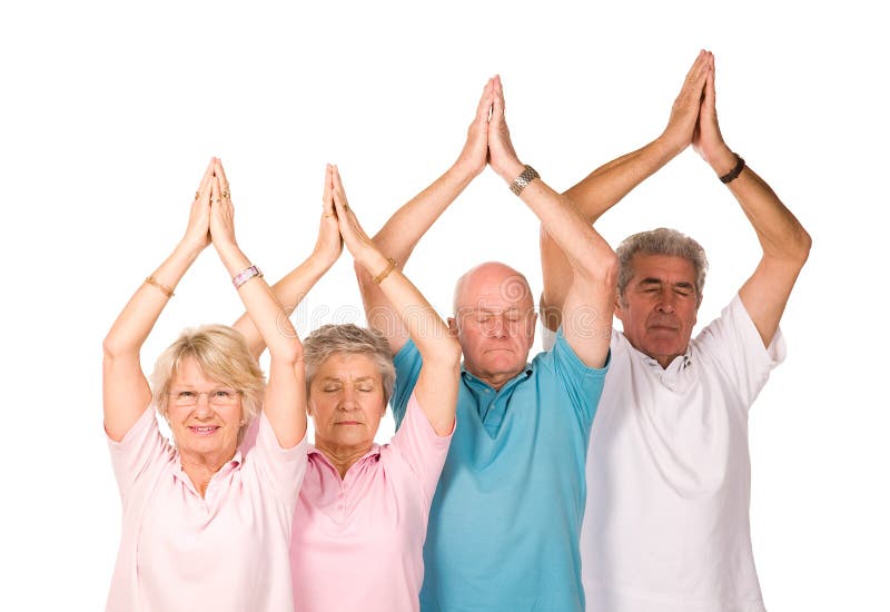 Group of older mature people doing yoga exercises, isolated on white background. Group of older mature people doing yoga exercises, isolated on white background