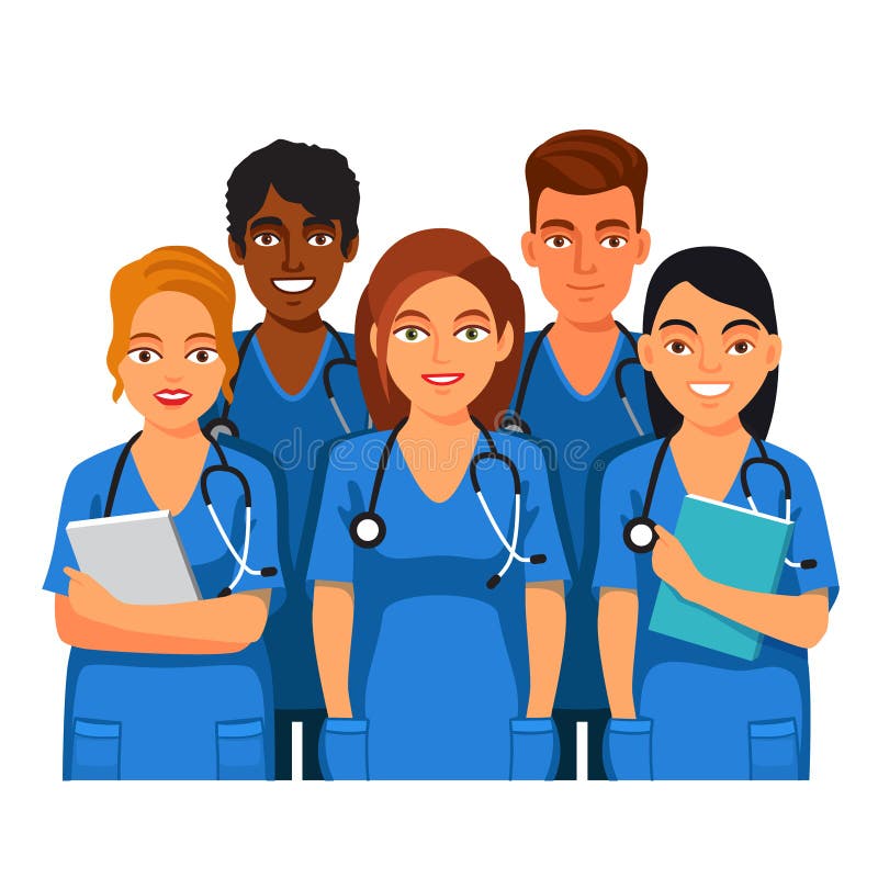 Group of medical students or nurses. Practicing Interns standing together in blue doctor uniform. Flat style vector illustration on white background. Group of medical students or nurses. Practicing Interns standing together in blue doctor uniform. Flat style vector illustration on white background.