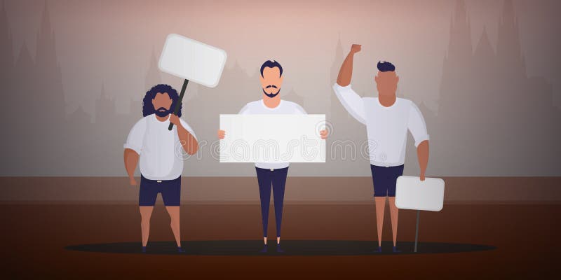 A group of men with banners came out to protest. Prosky style. Vector illustration. vector illustration