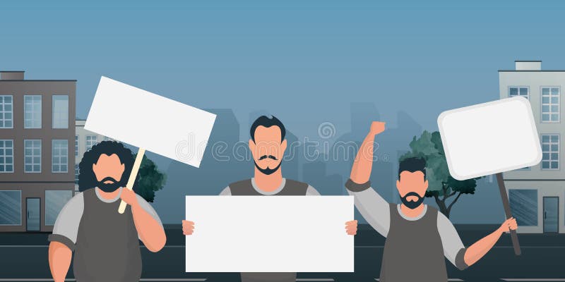 A group of men with banners in their hands came out to protest. Cartoon style. Vector illustration. vector illustration