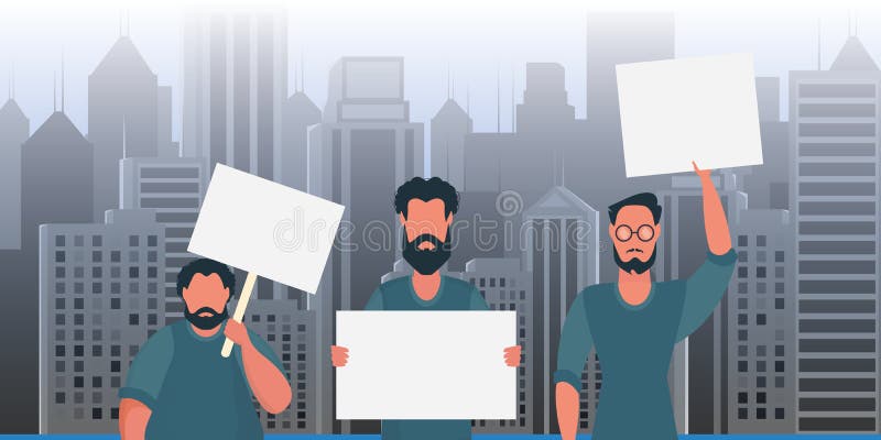 A group of men came out to protest with banners. The concept of citizens&#x27; strikes. Prosky style, vector. stock illustration