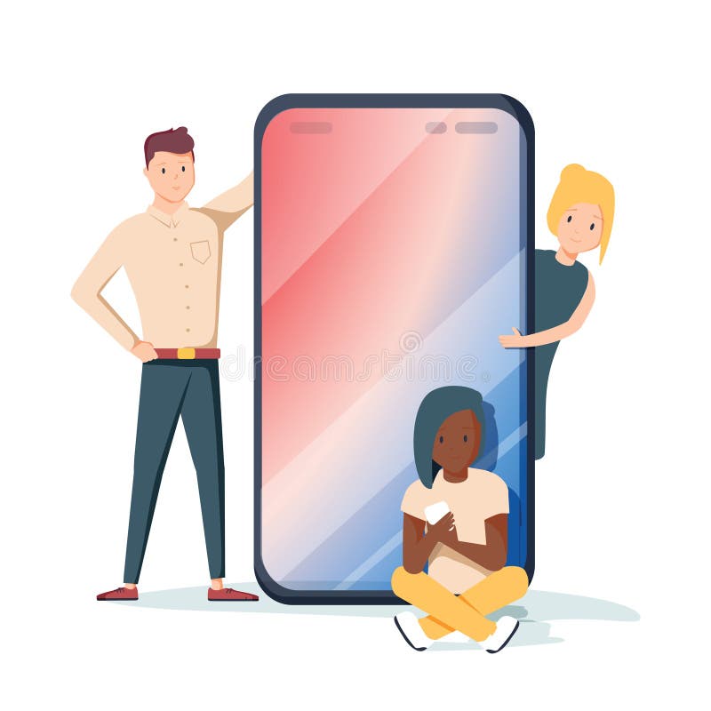 Group of millennial friends sitting and standing near by the mobile phone. Social media concept. Generation z. Flat editable vector illustration, clip art. Blank space for your text on smartphone.