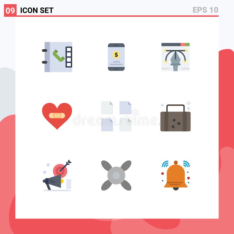 Group of 9 Modern Flat Colors Set for multiple, documents, illustration, like, heart stock illustration