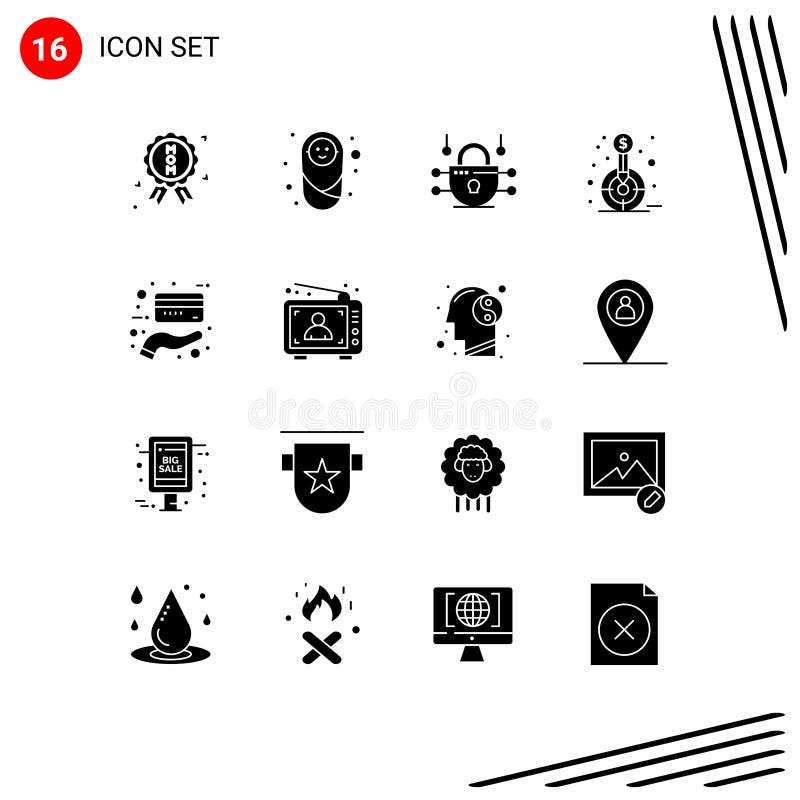 Group of 16 Modern Solid Glyphs Set for payment, card, network, target, fund royalty free illustration