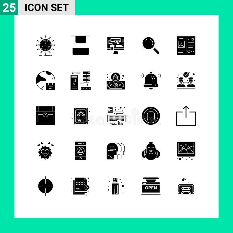 Group of 25 Modern Solid Glyphs Set for postcard, view, computer, search, tool royalty free illustration