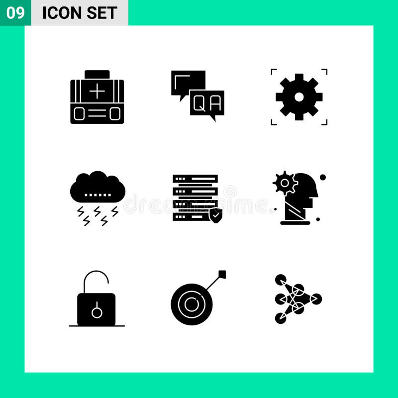 Group of 9 Modern Solid Glyphs Set for security, thunder, cinema, thanksgiving, cloud vector illustration