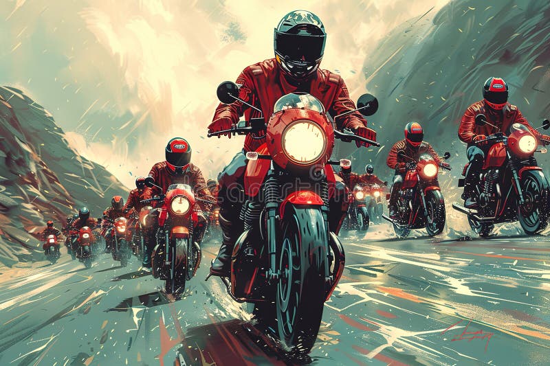 A Group of Motorcyclists are Riding Down a Wet Road Stock Illustration