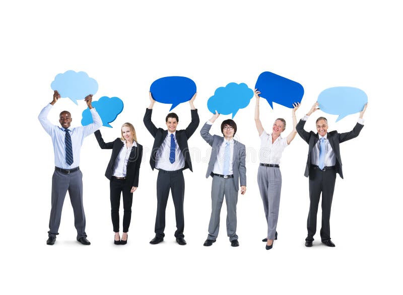 Group Multi Ethnic Cheerful Corporate Holding Speech Bubbles Concept