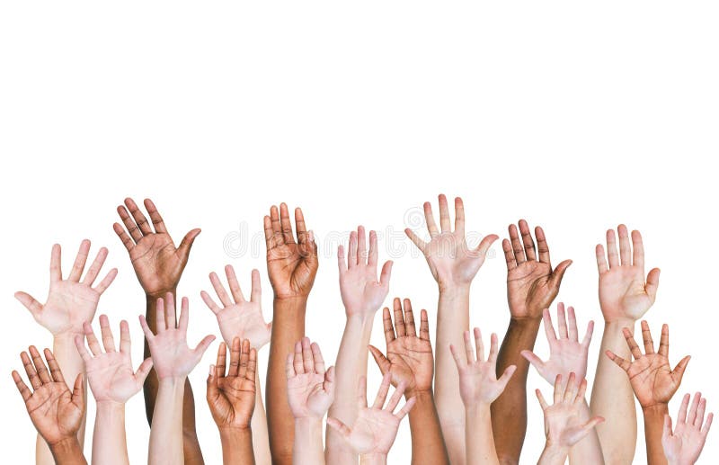 Group Of Multi-Ethnic People's Arms Outstretched In A White Background