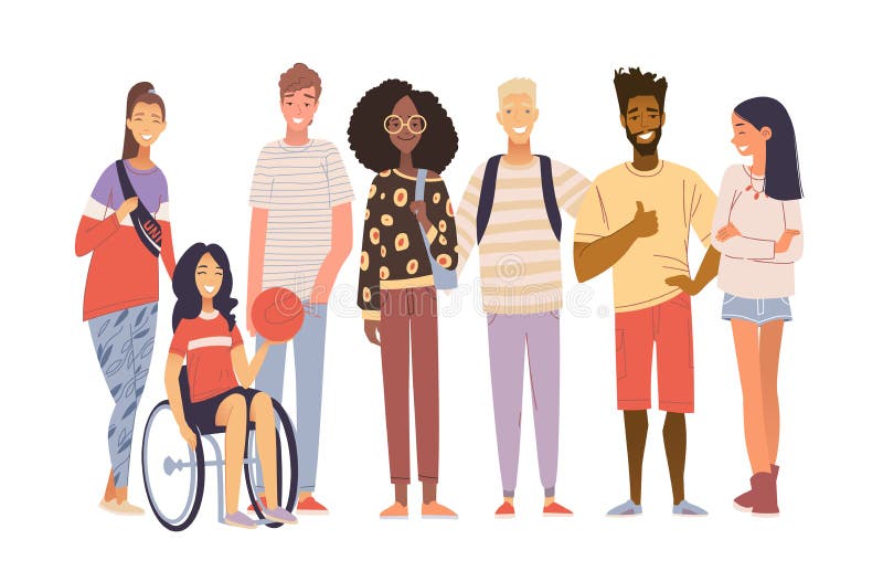 Group of multicultural students flat vector illustration. Laughing young girls and boys isolated characters on white stock illustration