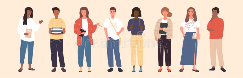 Group of multicultural students standing in a line royalty free illustration