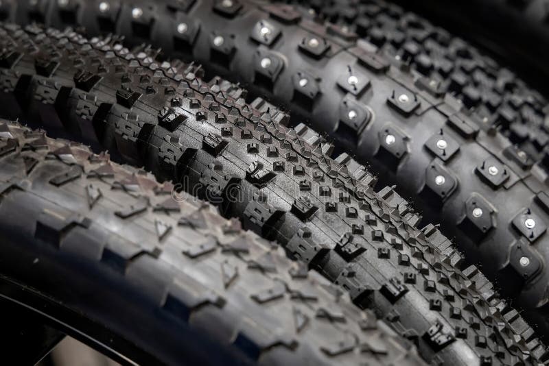 Group of New Bicycle Tires. Rubber Tires Close Up. Bicycle Tires with