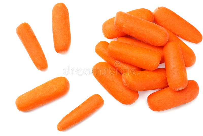 Group of organic small baby carrots isolated on a white background. Top view