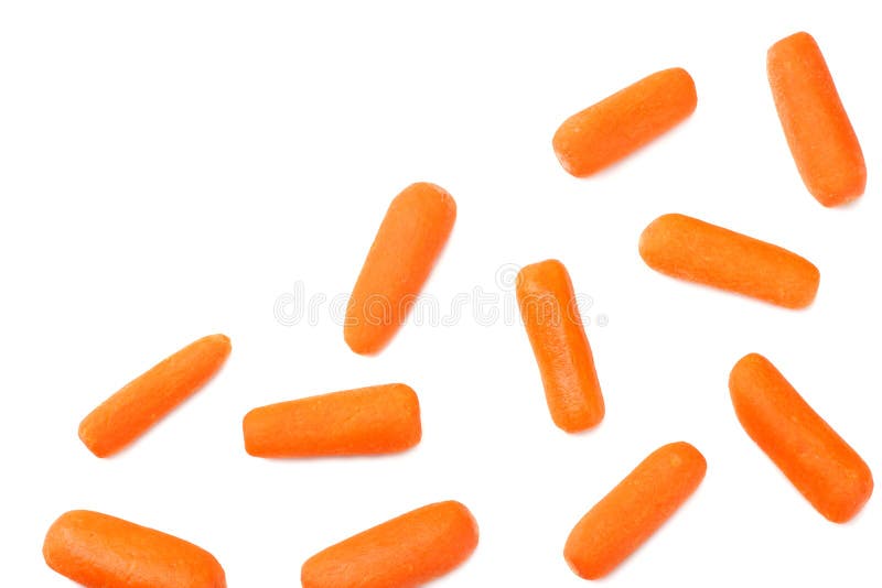 Group of organic small baby carrots isolated on a white background. Top view