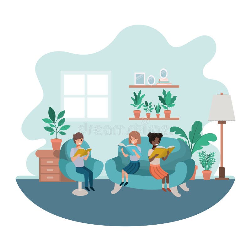 Group of people with book in livingroom avatar character vector illustration desing