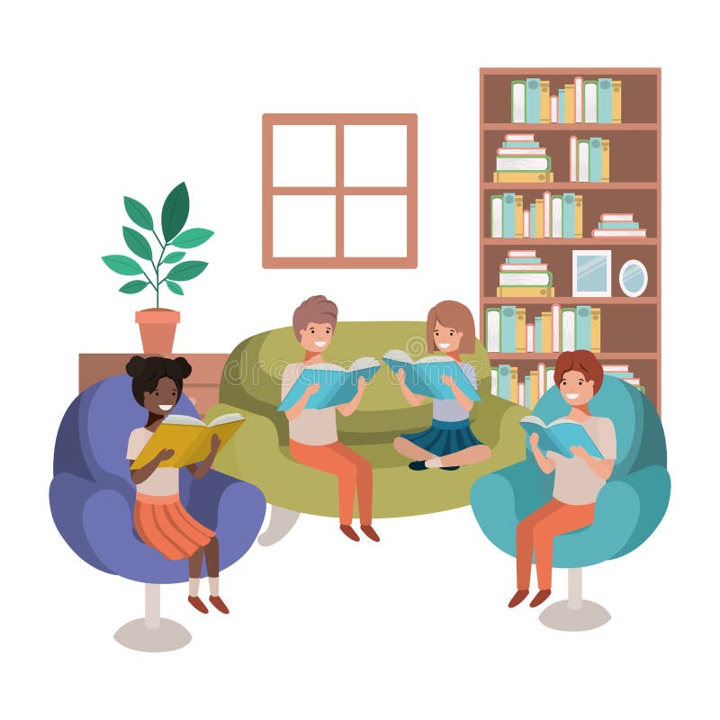 Group of people with book in livingroom avatar character vector illustration desing