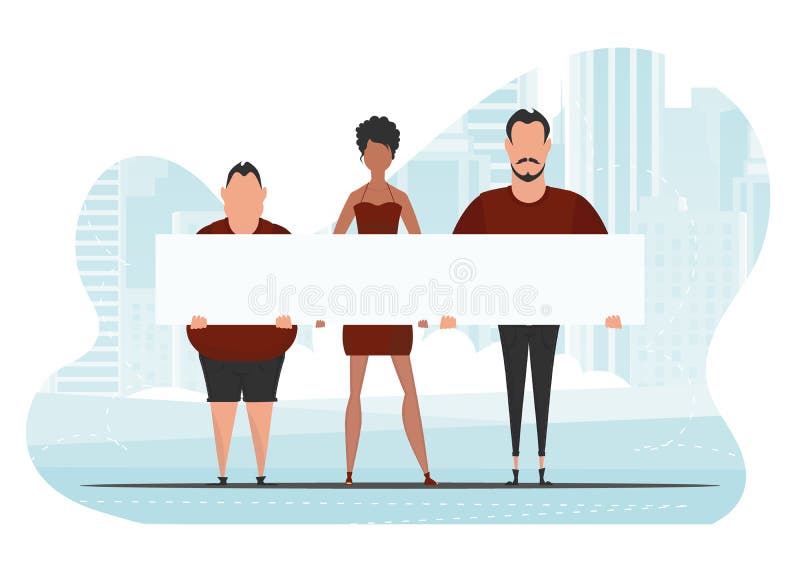 A group of people came out to protest. Banner in blue tones. Cute illustration in flat style. royalty free illustration