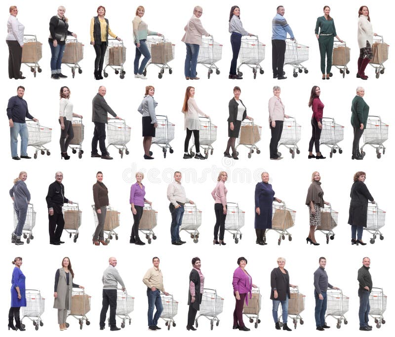 Group of people with cart isolated on white royalty free stock image