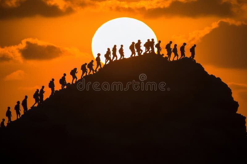 A group of people climbs a mountain against the background of the setting sun royalty free illustration