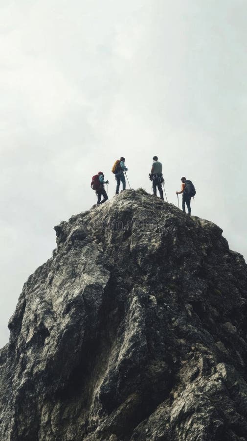 Group Of People Climbs Mountain Peak With Sticks for Adventure And Exploration stock illustration