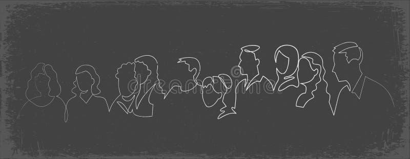 Group of people continuous one line vector drawing. Family, friends hand drawn characters silhouette clipart.