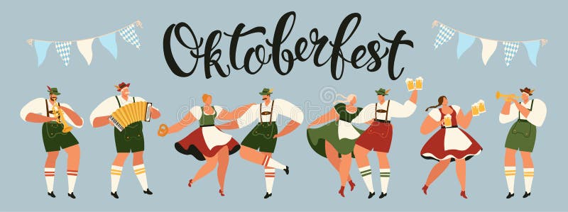 Group Of People Drink Beer Oktoberfest Party Celebration Man And Woman Wearing Traditional Clothes couples dance stock illustration Group Of People Drink Beer Oktoberfest Party Celebration Man And Woman Wearing Traditional Clothes couples dance stock illustration