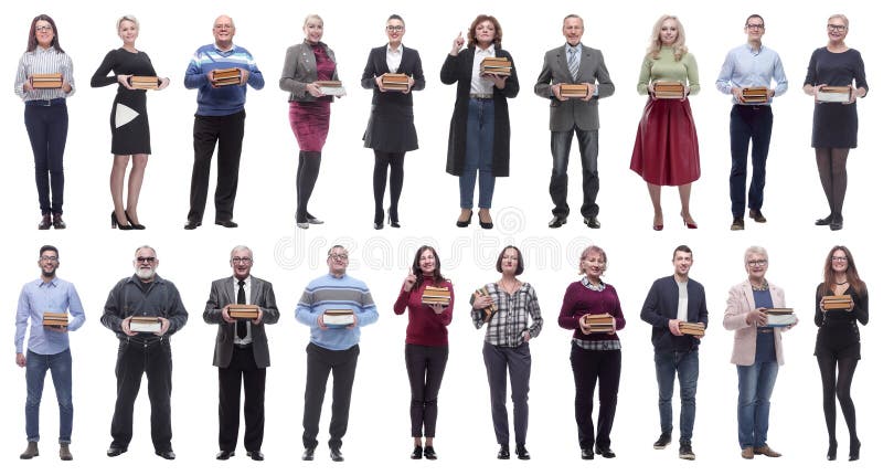 Group of people holding books in hands isolated on white royalty free stock photo