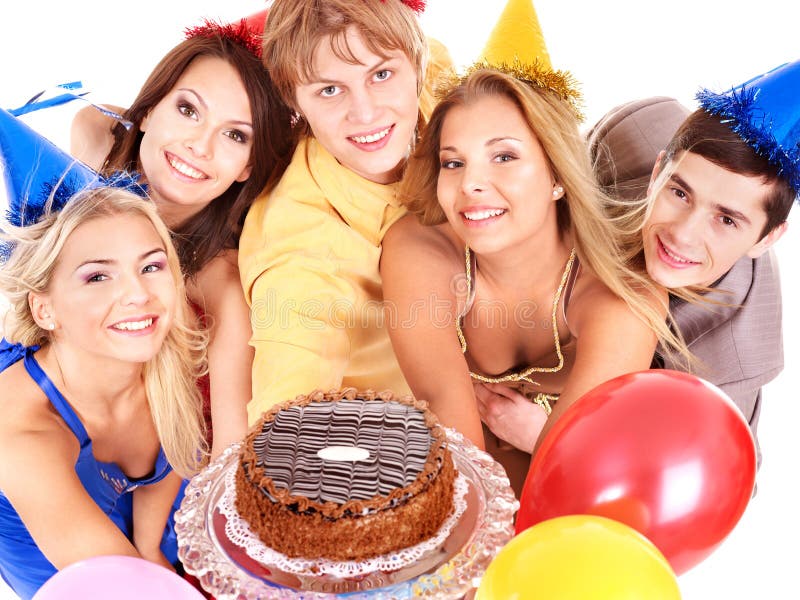 Group people in party hat holding cake. Isolated. Group people in party hat holding cake. Isolated.