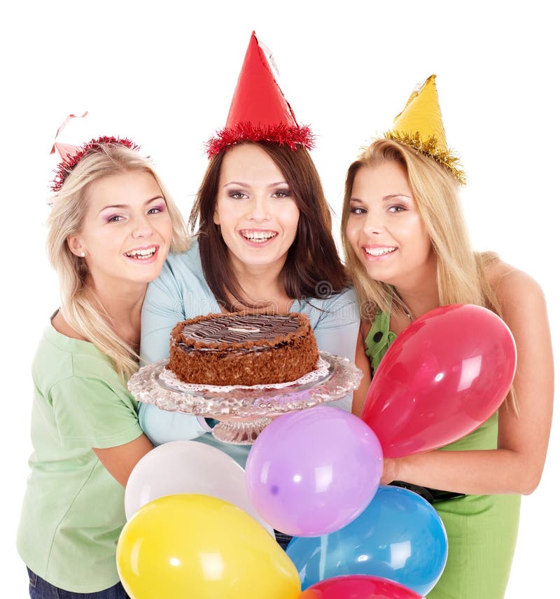 Group people in party hat holding cake. Isolated. Group people in party hat holding cake. Isolated.