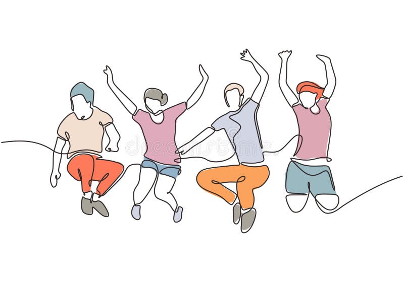 Group of people jumping looks happy and enjoying their life continuous one line drawing. Metaphor of joy community team members.