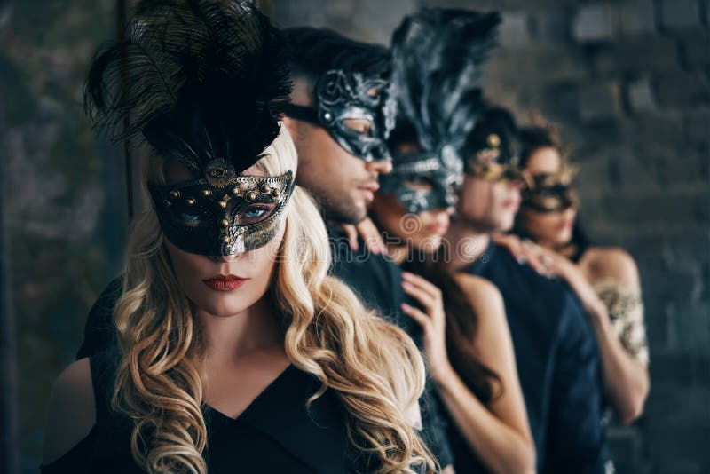 Group People Masquerade Carnival Mask Posing Studio Beautiful Women Men ...