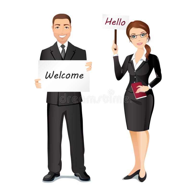 Woman and a man greet someone with broadsheets, dress code. Woman and a man greet someone with broadsheets, dress code