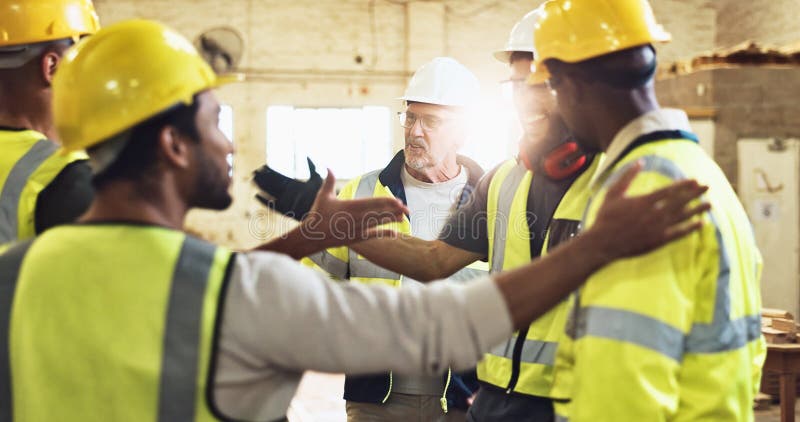 Group, people and meeting with handshake for construction agreement, maintenance success and teamwork. Foreman, high stock images