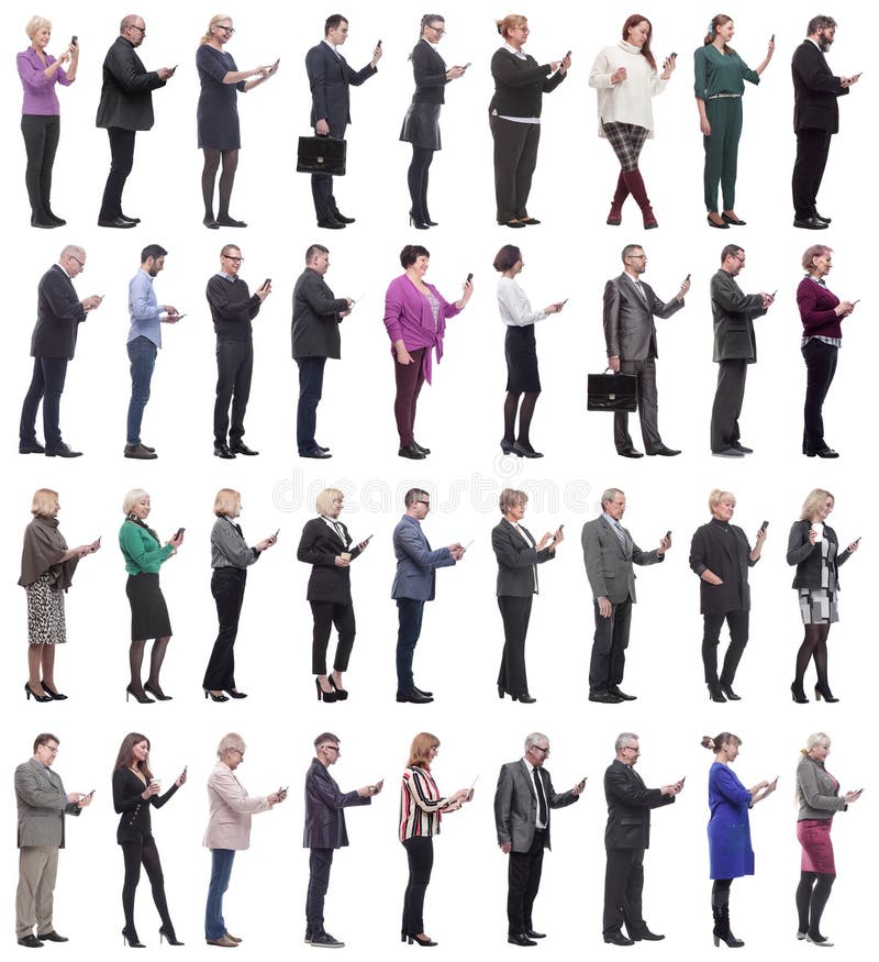 Group of people profile holding phone in hand isolated royalty free stock photo