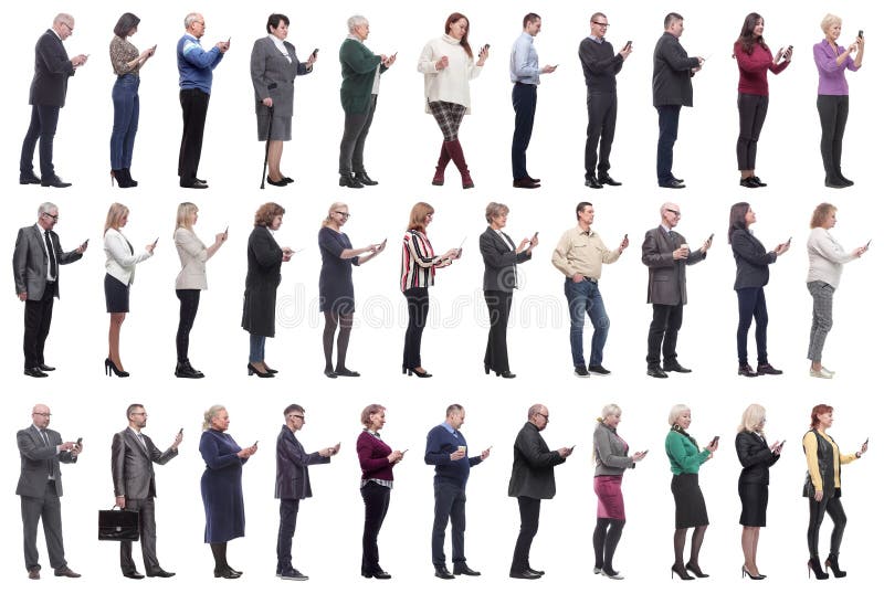 Group of people profile holding phone in hand isolated stock photography