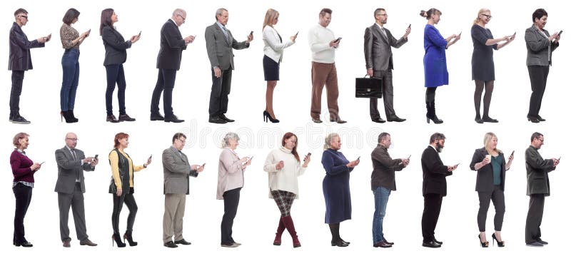 Group of people profile holding phone in hand isolated royalty free stock images