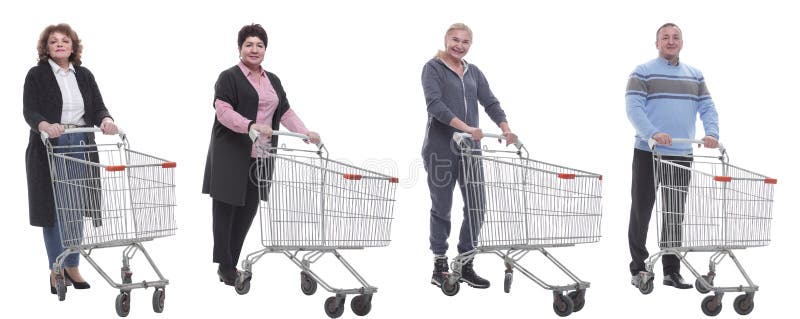 A group of people with a shopping cart stand in a row royalty free stock photo