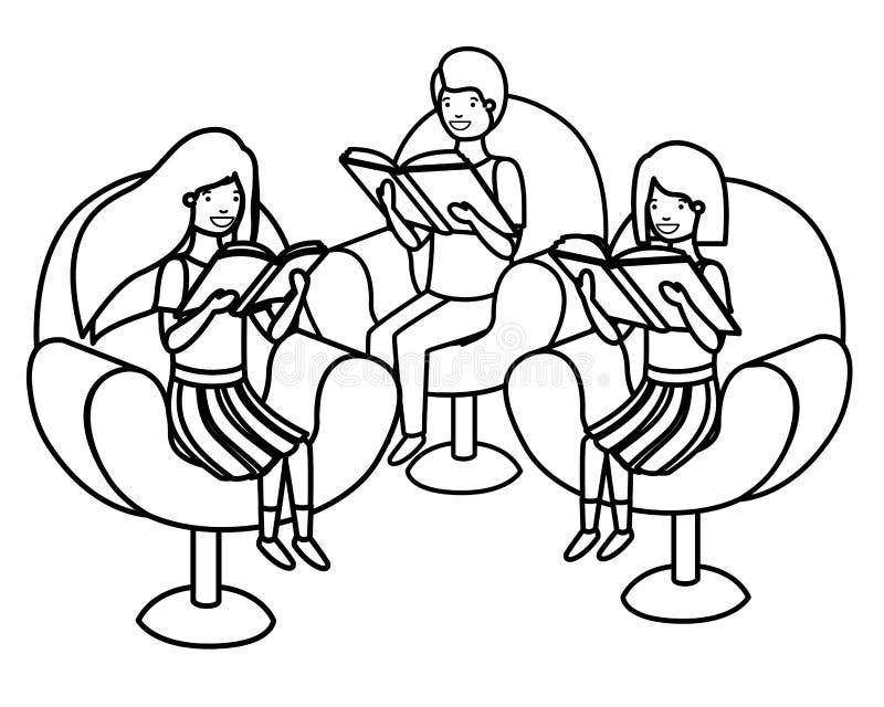 Group of people sitting in sofa with book avatar character vector illustration design