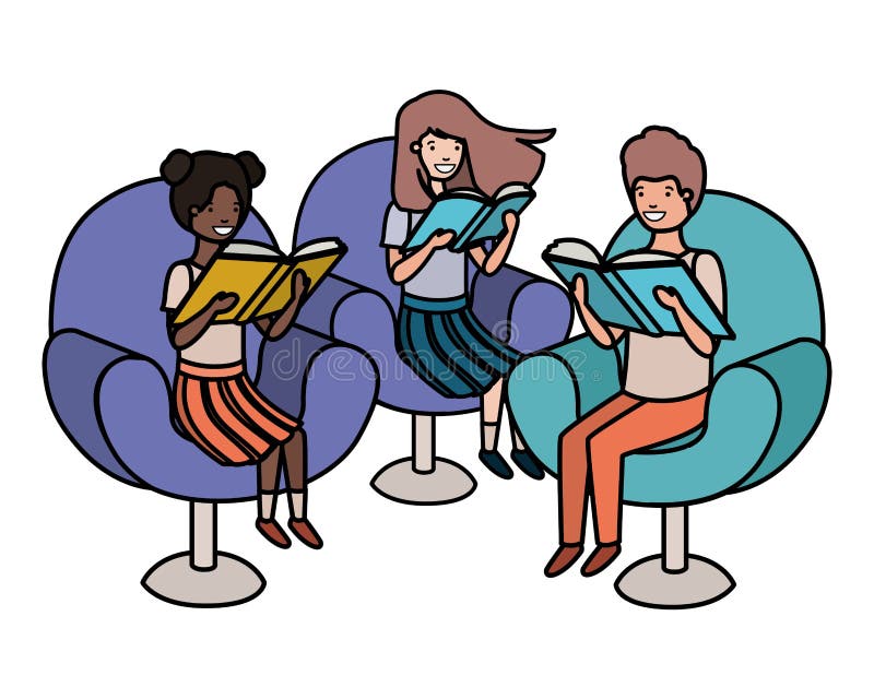 Group of people sitting in sofa with book avatar character vector illustration design