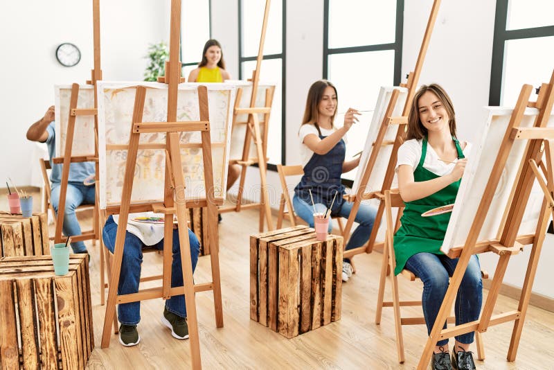 Group of People Smiling Happy Drawing at Art Studio Stock Image - Image