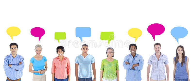 Multi-Ethnic Group of People isolated on White Background with Speech Bubbles. Multi-Ethnic Group of People isolated on White Background with Speech Bubbles.