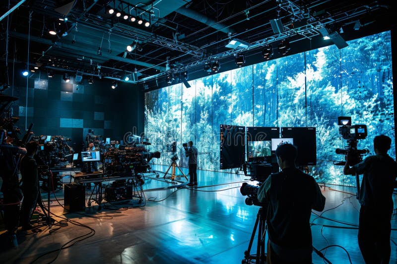 A Group of People are Standing in Front of a Large Green Screen Stock