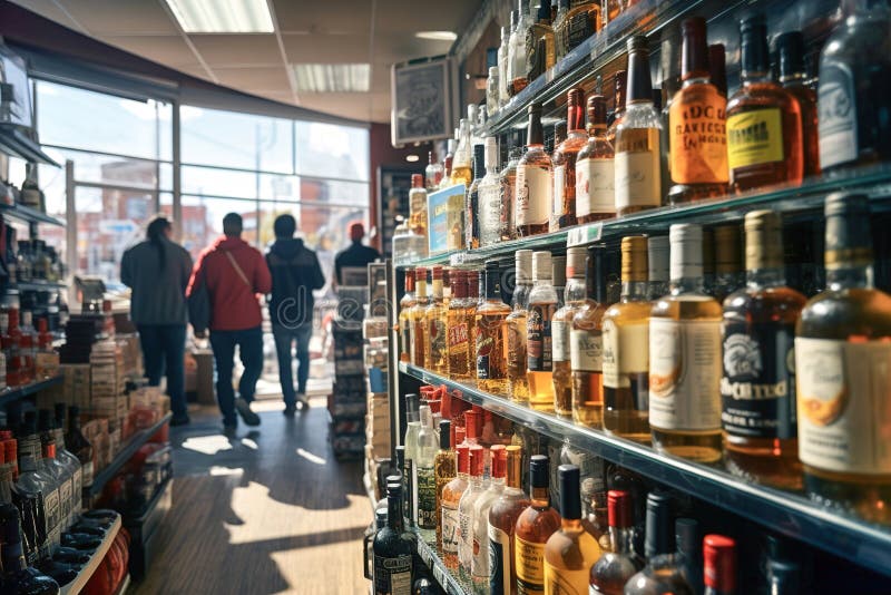 A Group of People Standing in Front of Shelves with Bottles in Alcohol