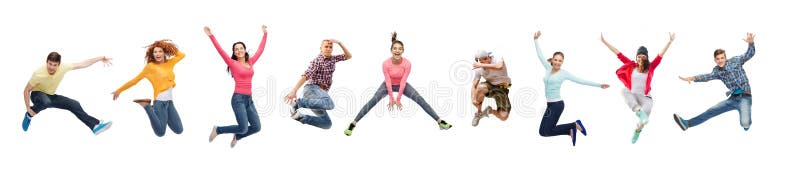 Sport, dancing and people concept - group of people or teenagers jumping